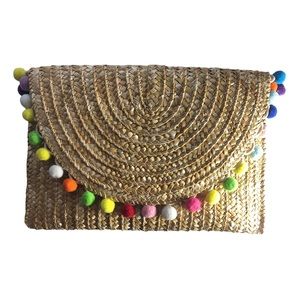 Shiraleah Carmelita Straw Clutch With Pom Pom Trim